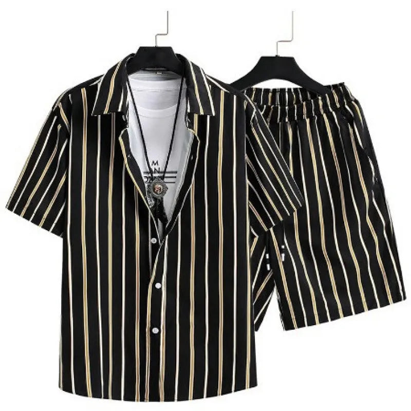 Men's digital print casual suit with cardigan and shorts in four-sided elastic polyester fabric
