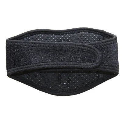 Black self-heating magnetic neck guard with adjustable straps, shown laid flat.