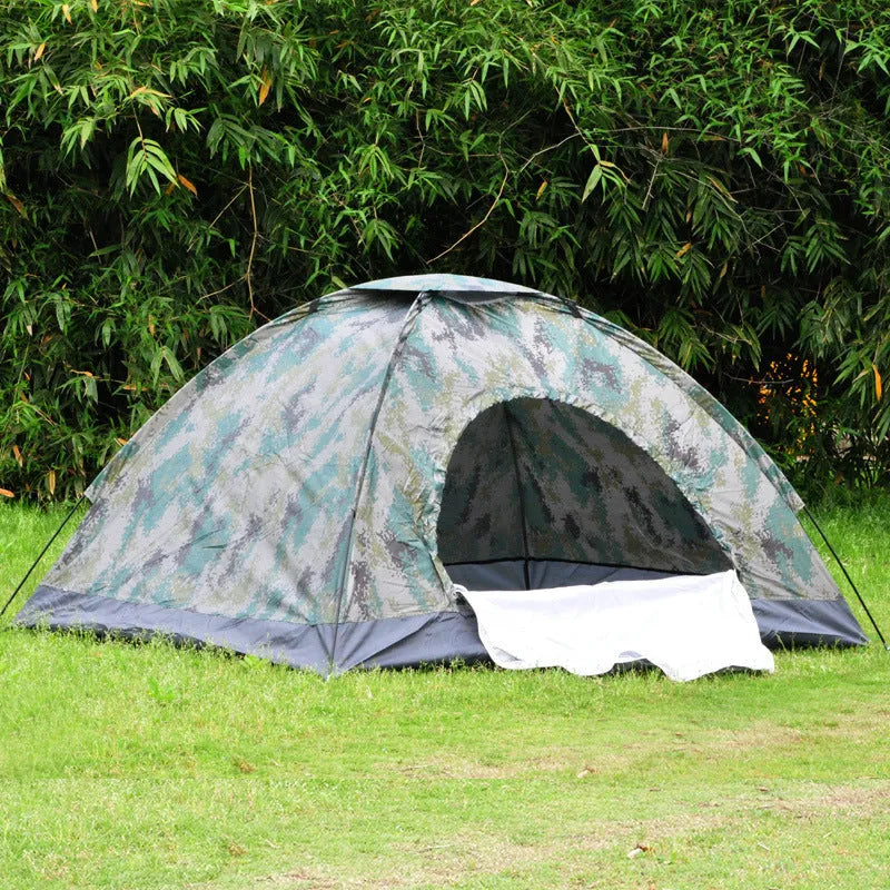 Green camouflage pattern camping tent with triangular skylight and steel ground nails