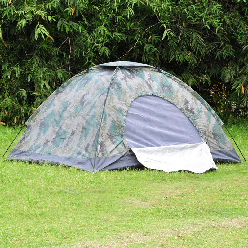 Green camouflage pattern camping tent with triangular skylight and steel ground nails