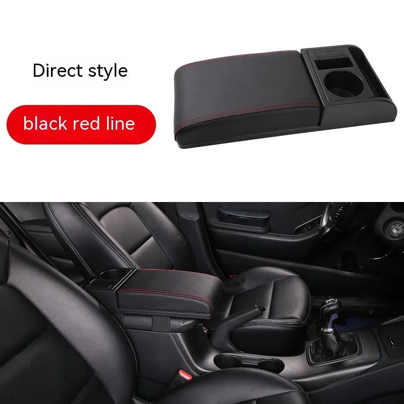 Universal plastic car armrest cover in black with red cord stitching on a centre console