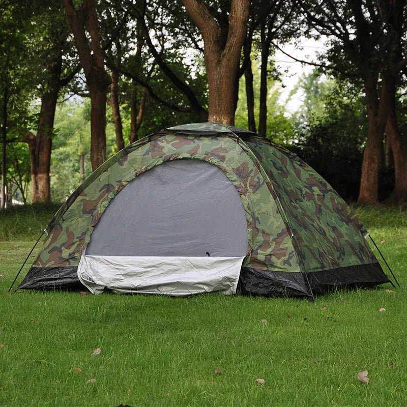 Green camouflage pattern camping tent with triangular skylight and steel ground nails