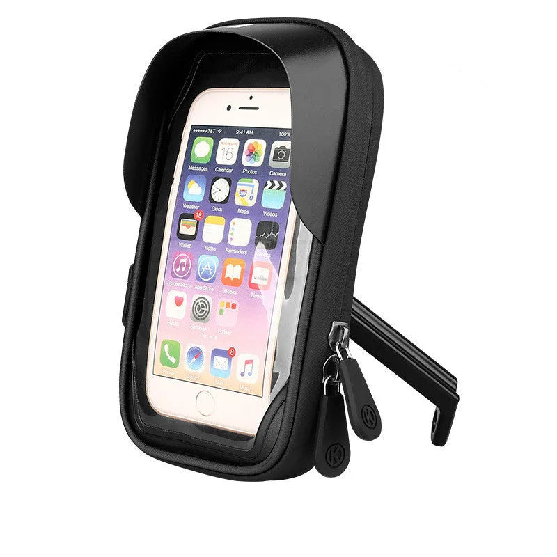 TPU waterproof mobile phone stand mounted on bicycle handlebar with phone visible through touchscreen layer