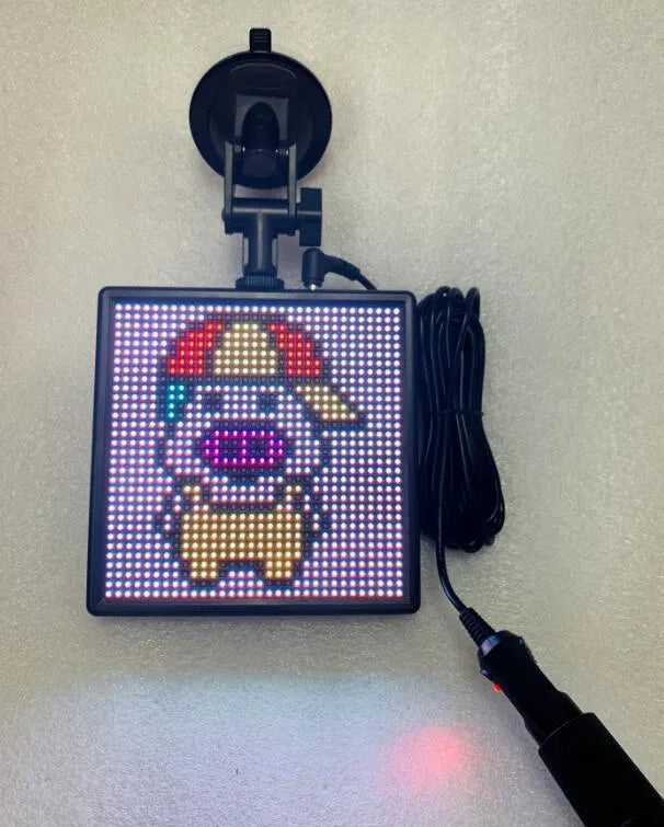32x32 dot Bluetooth LED car display screen with aluminium frame showing colour animation