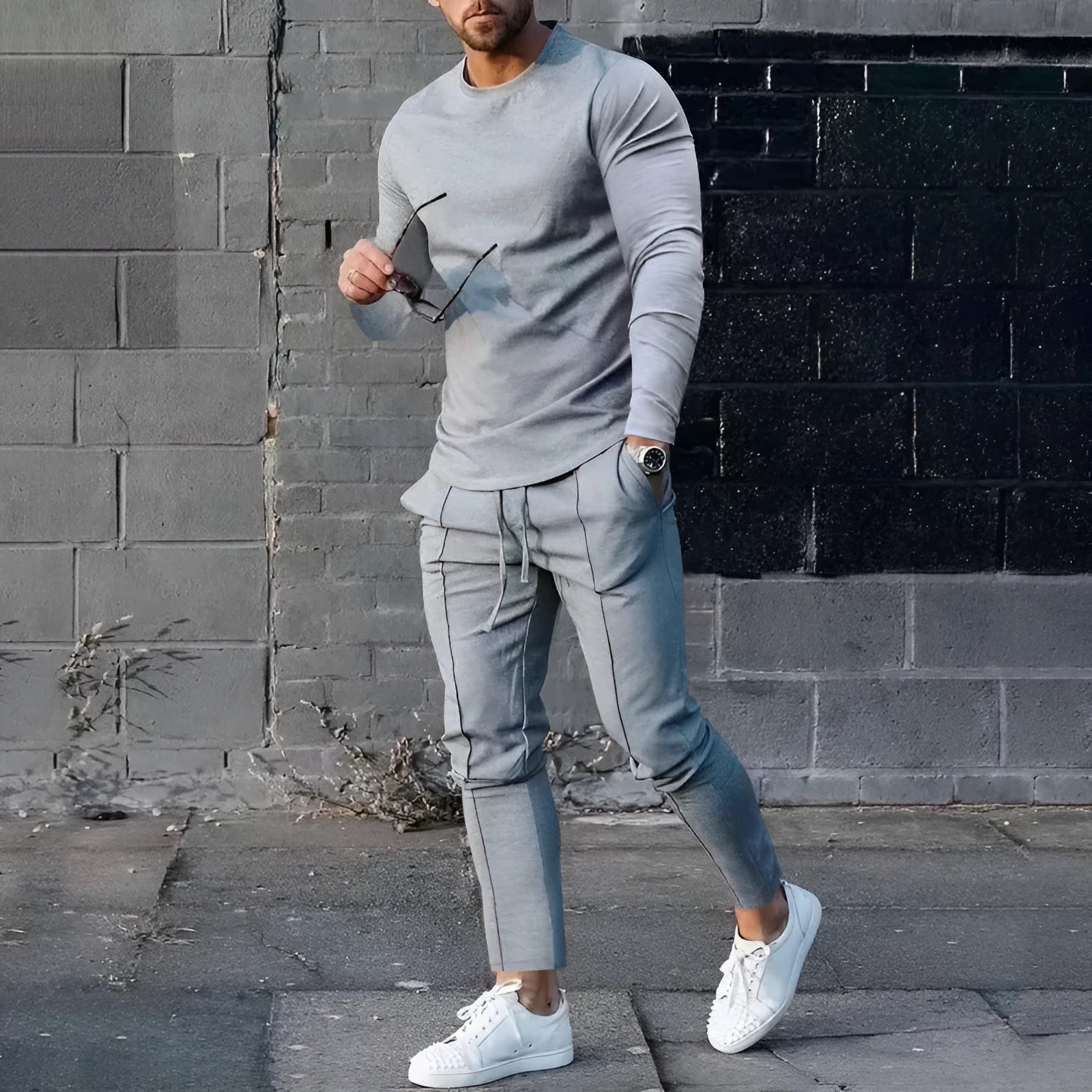 Men's solid colour polyester two-piece lounge set with long sleeve T-shirt and trousers