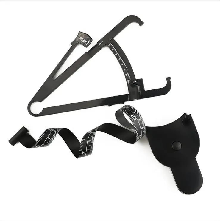 Black ABS plastic body fat caliper skinfold measuring instrument on a tape measure