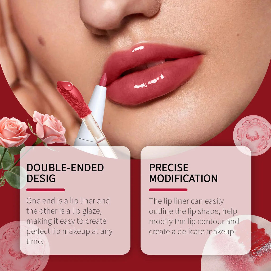 Double-headed lip liner and lip lacquer makeup pencil showing two colour tips