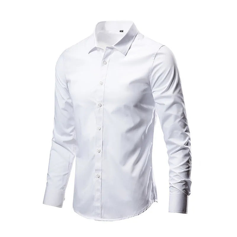 Loose-fit long-sleeve linen shirt shown in a neutral colour.