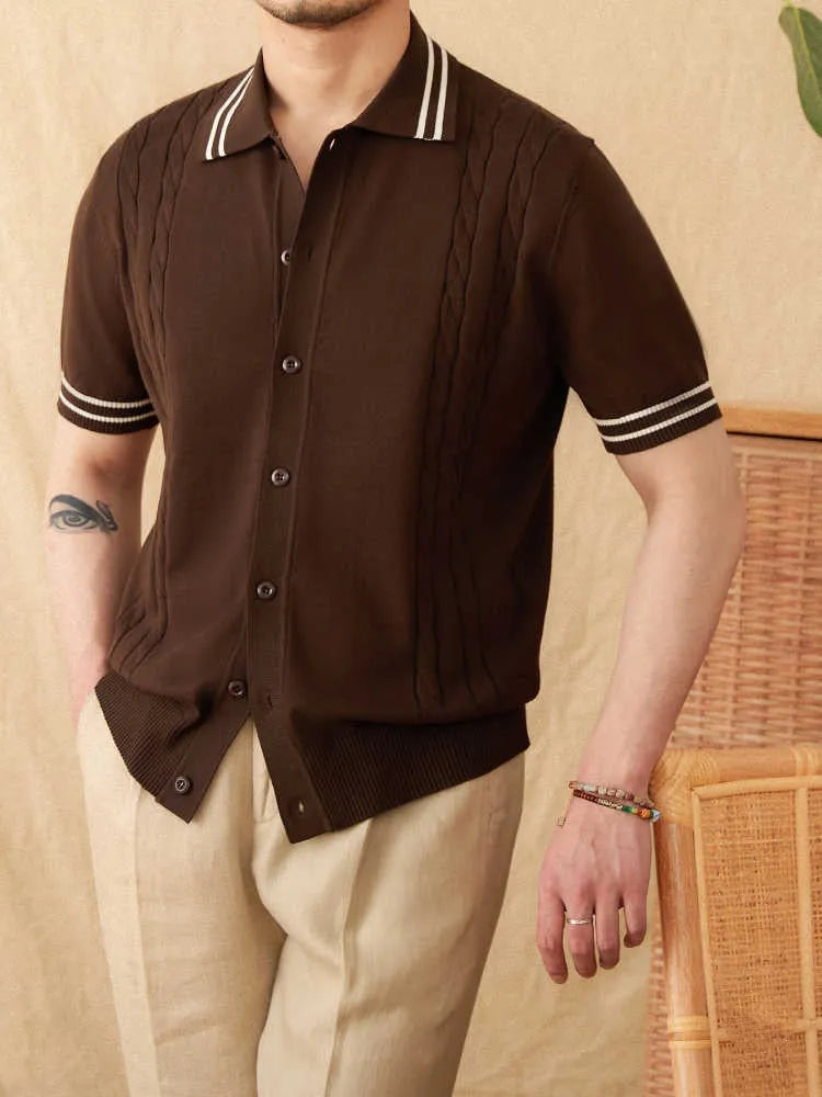 Men's short-sleeve lapel polo shirt in a thin cotton blend knit, shown in apricot, coffee, and white colours.