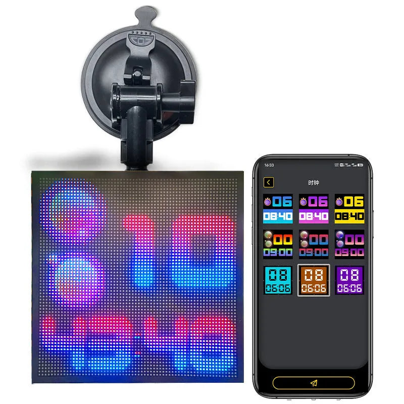 32x32 dot Bluetooth LED car display screen with aluminium frame showing colour animation
