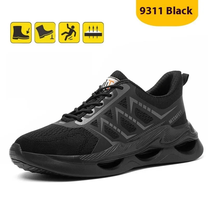 Black steel toe cap lace-up labour protection safety shoes on a white background.