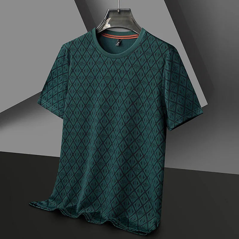 Men's loose fit ice silk polyester T-shirt in black, blue, dark green and caramel colours