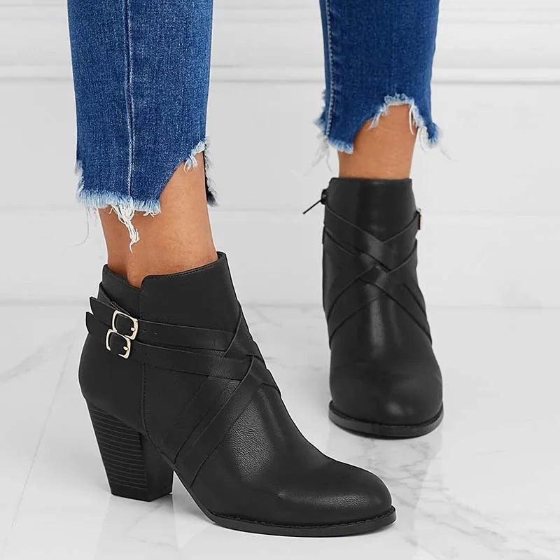Grey PU leather short boots with a side zipper, belt buckle, and a 7cm thick rubber heel.