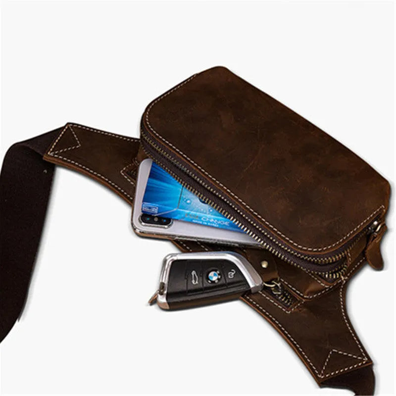 Brown top layer cowhide men's sports waist bag with pull closure