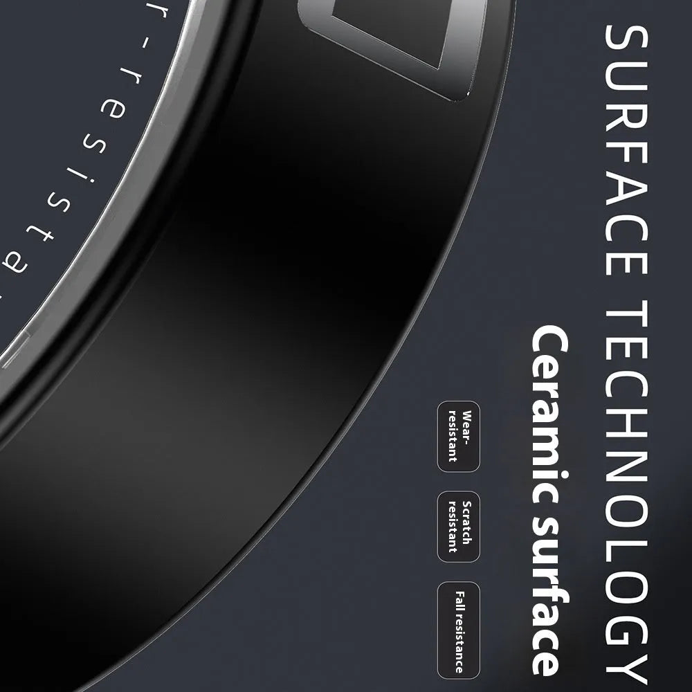 Black ceramic smart ring for health monitoring on a finger, showing charging case and line charger options.