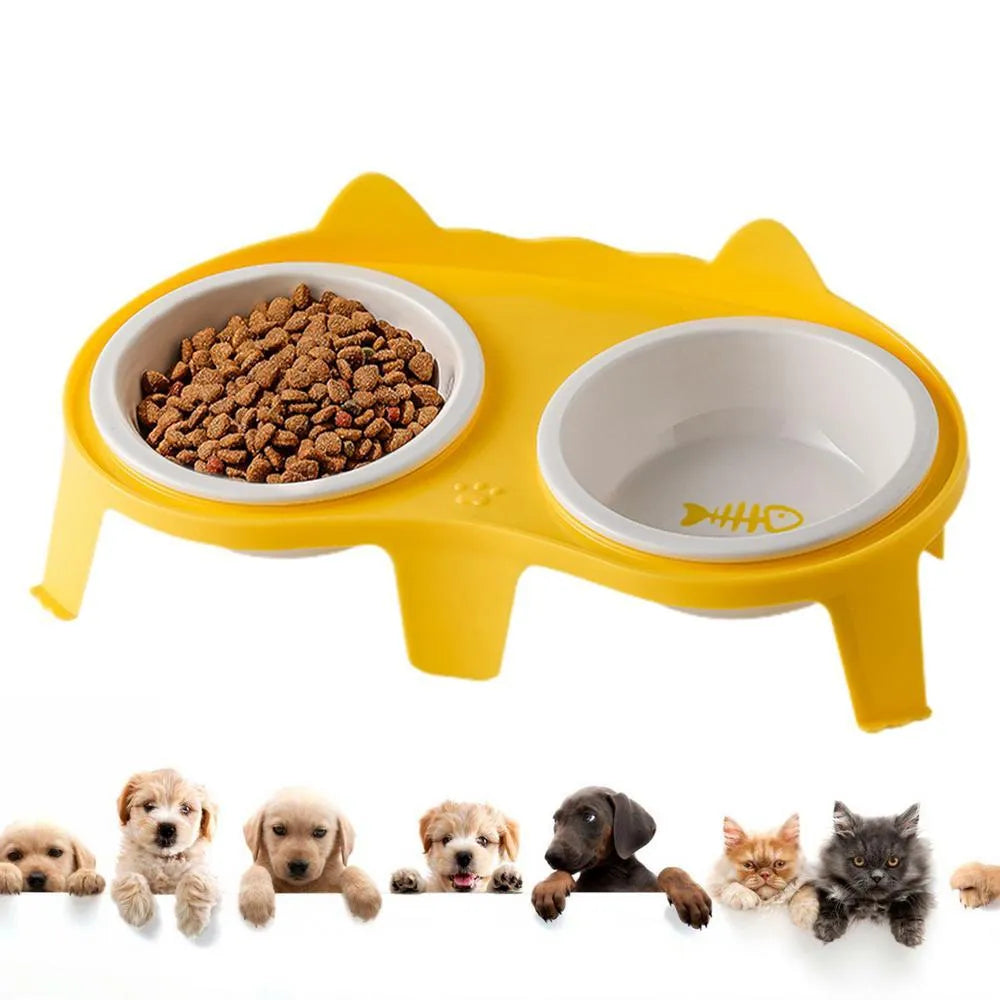 Ceramic cat bowl set on ABS stand with hook, in blue, pink, white or yellow