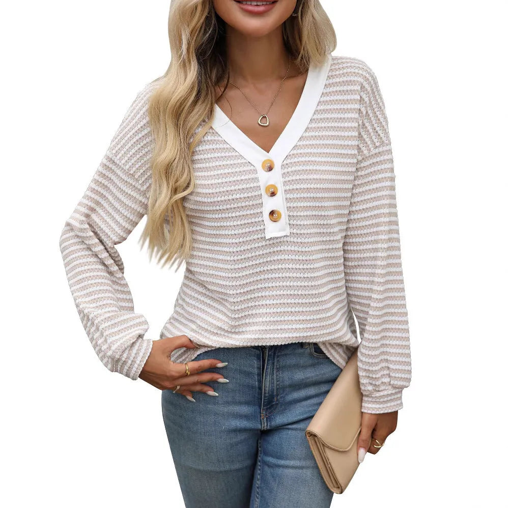 Women's V-neck pullover top with patchwork design and long sleeves in loose casual fit