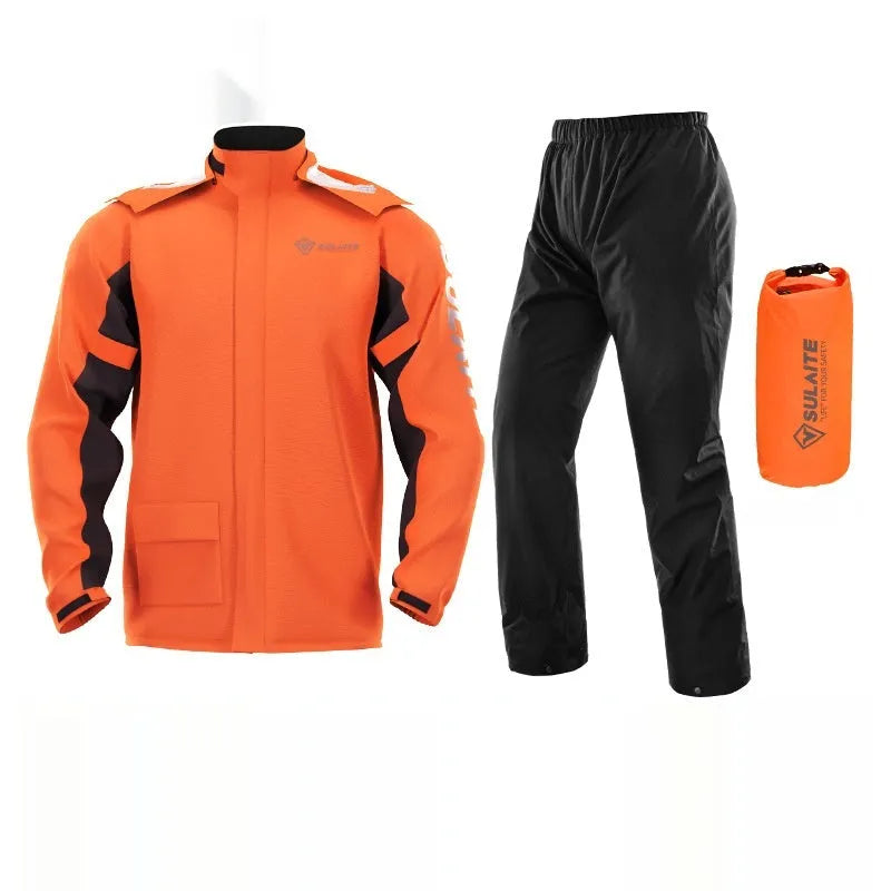 Adult motorcycle raincoat and rain pants suit with hidden shoe covers in a storage bag.