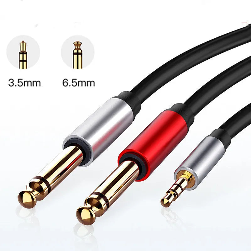 3.5mm to 6.5mm male-to-male audio cable with gold-plated connectors on a black background.