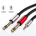 3.5mm to 6.5mm male-to-male audio cable with gold-plated connectors on a black background.
