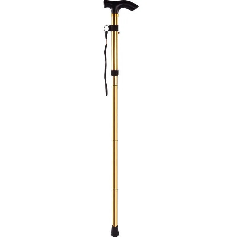 Aluminum alloy folding walking cane extended to show adjustable height mechanism and non-slip handle