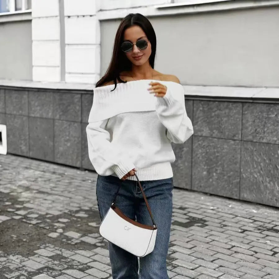 Grey off-the-shoulder sweater with 3D pattern, regular sleeves, and strapless neckline