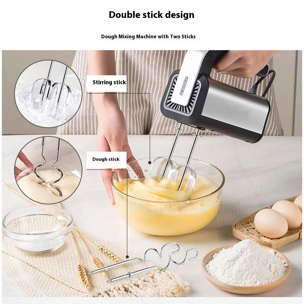 Silver handheld electric whisk with five-speed control dial and mixing attachments