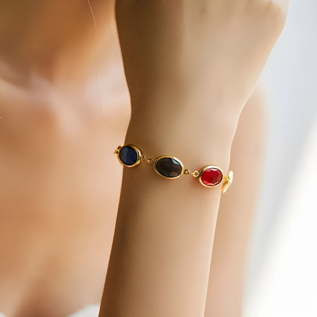 Geometric women's bracelet with glass inlay on 18K copper base in blue colour option