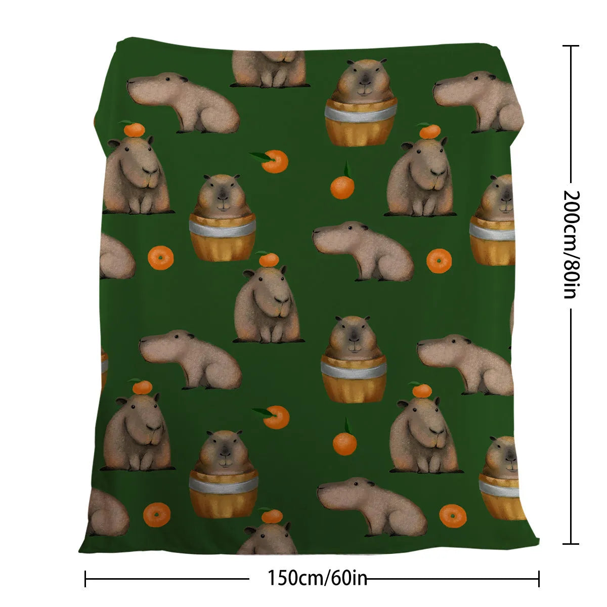Flannel fleece blanket with orange capybara print, soft fluffy throw in three sizes with hemmed edges.