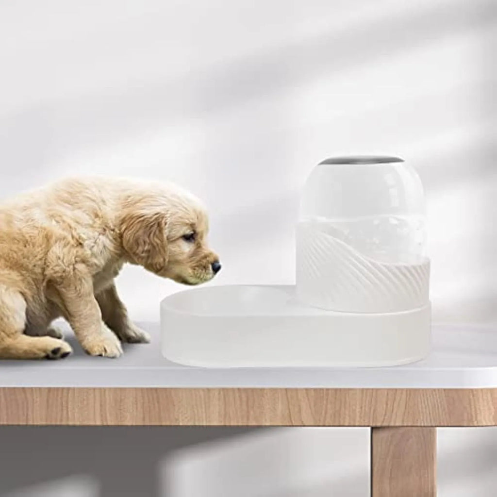 Pure white automatic cat food and water dispenser set with wave-shaped design on a countertop.
