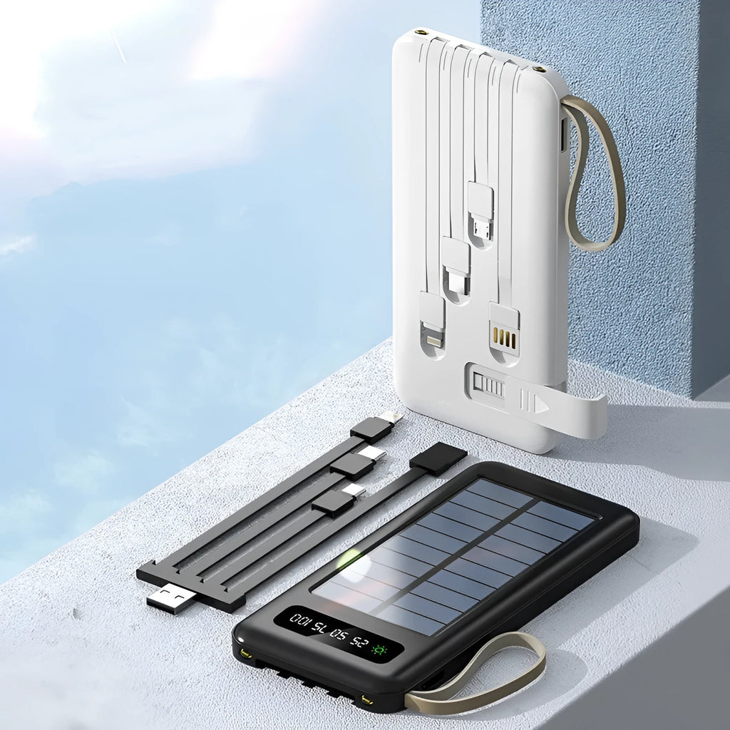 Solar power bank in black or white with 20000mA or 30000mA capacity for mobile device charging