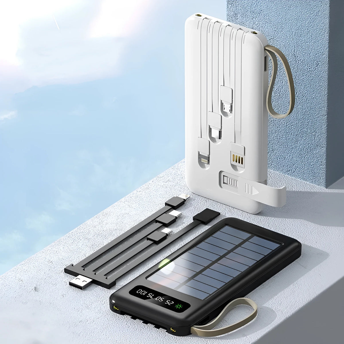 Solar power bank in black or white with 20000mA or 30000mA capacity for mobile device charging