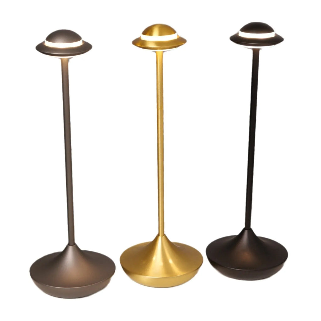 UFO-shaped metal table lamp with touch dimming in black, gold or grey finish