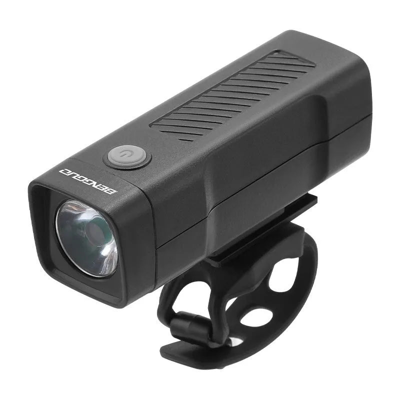 Black USB rechargeable bicycle headlight with LED and quick-release strap mount on handlebars.