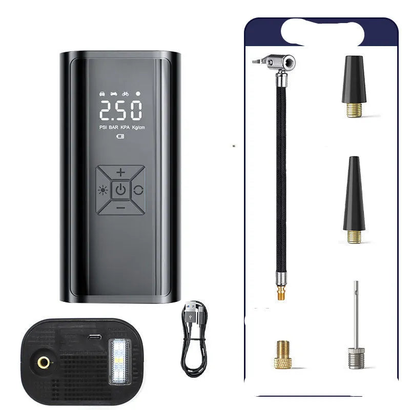 Portable wireless digital display car tyre pump with LED light and USB port