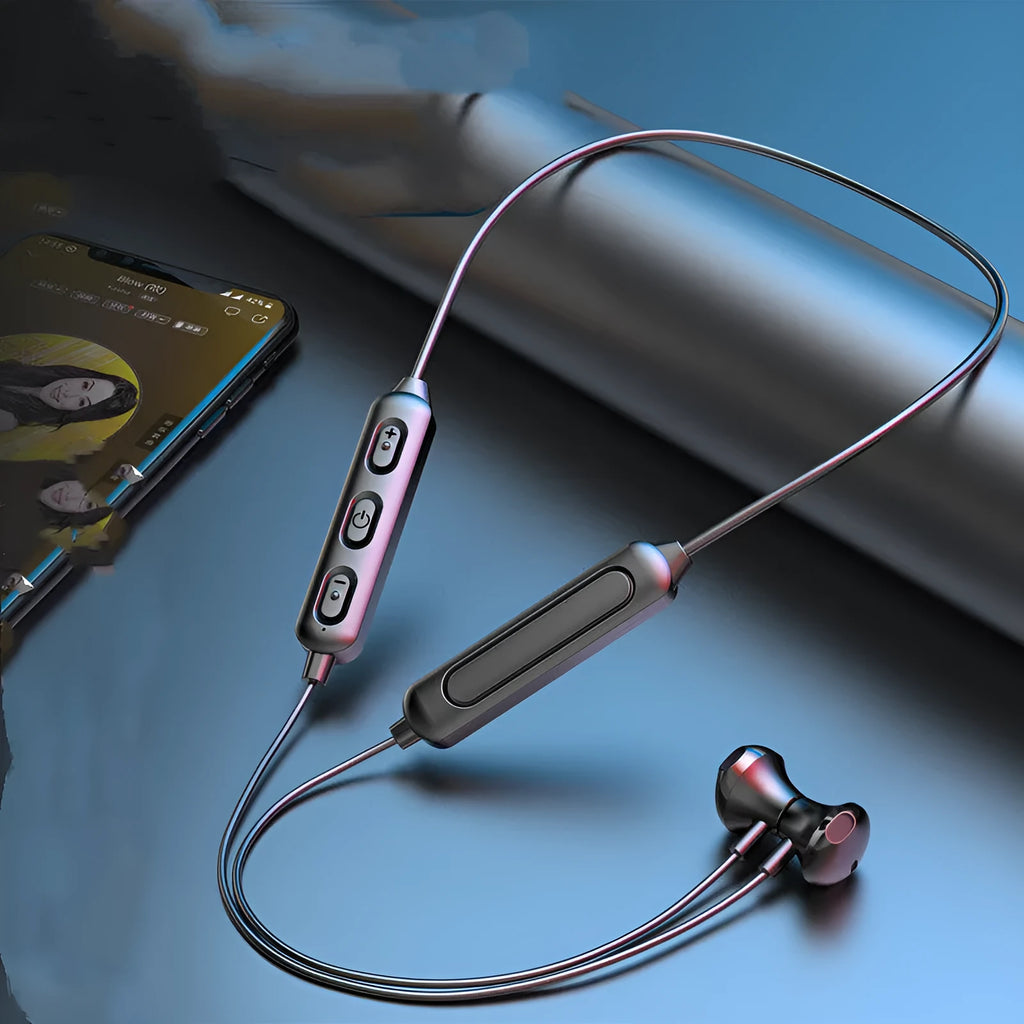 Black neck-mounted wireless Bluetooth sports earphones with custom logo printing area
