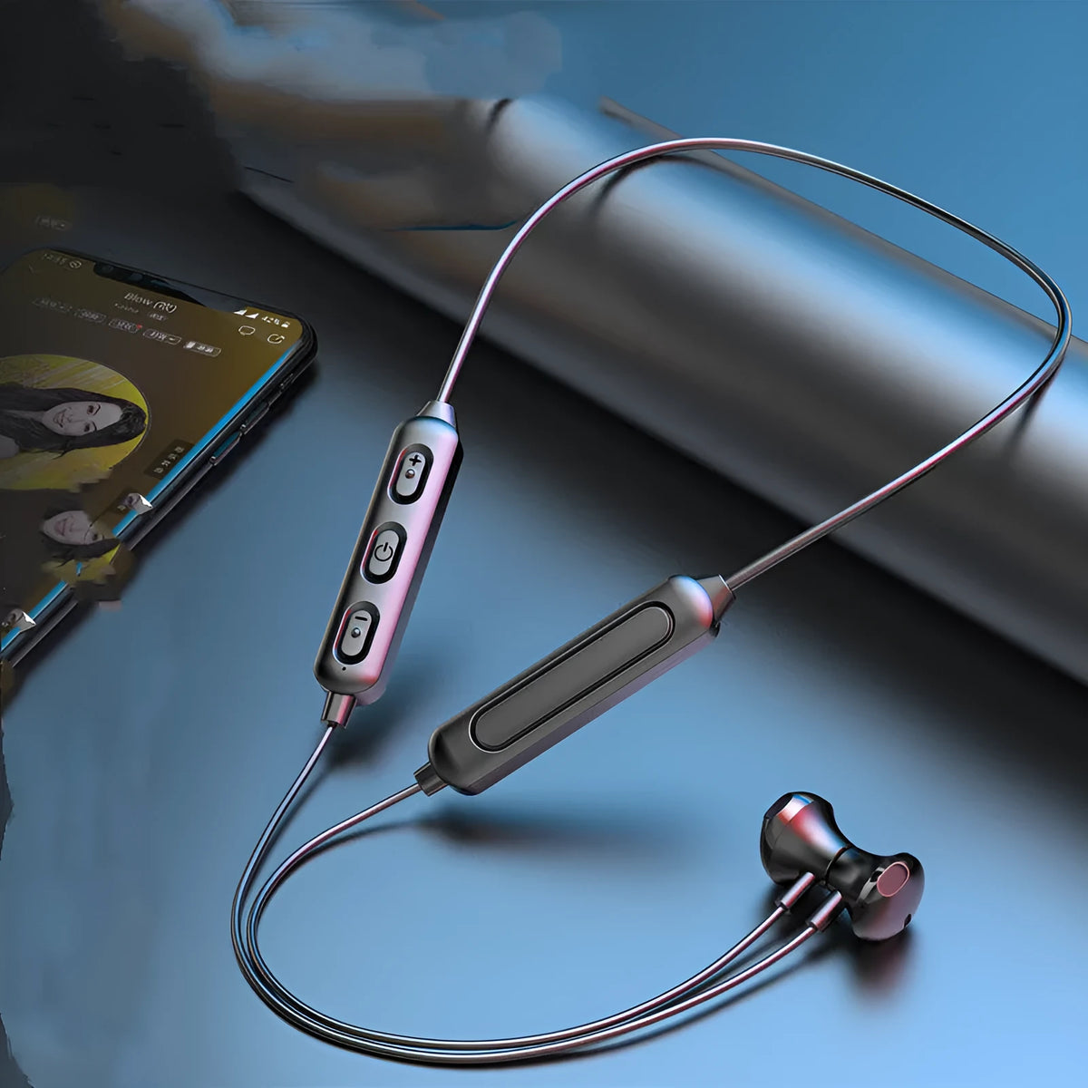 Black neck-mounted wireless Bluetooth sports earphones with custom logo printing area