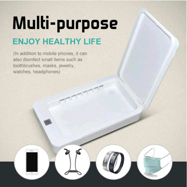Blue UV mobile phone steriliser box with touch controls and capacity for 6.5-inch phones