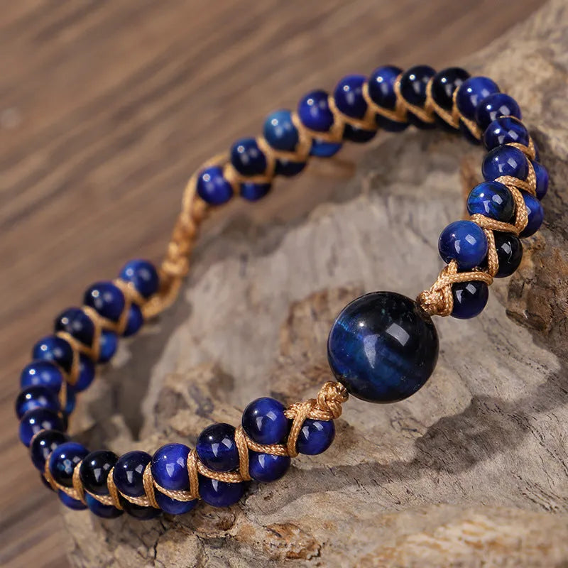 Handmade woven pull bracelet with Tigereye or Amethyst gemstone beads in geometric design