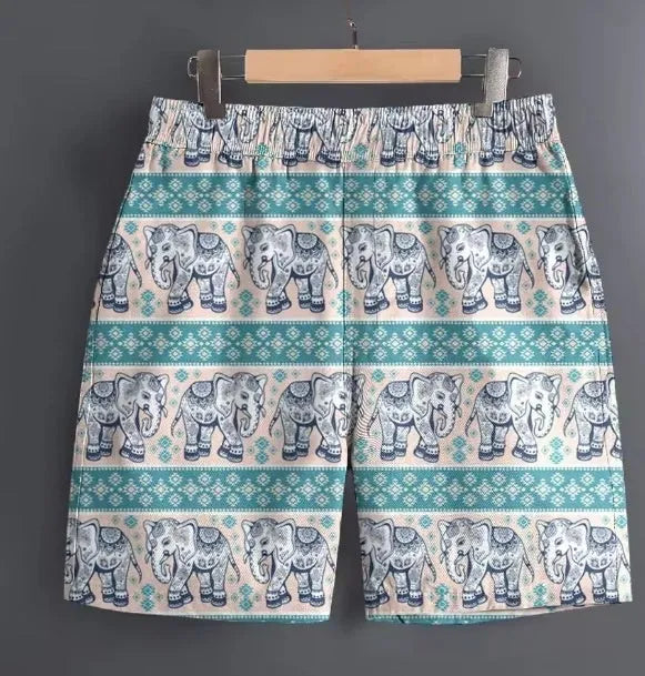 Men's casual polyester shorts in striped, plaid, and camouflage patterns for outdoor sports.
