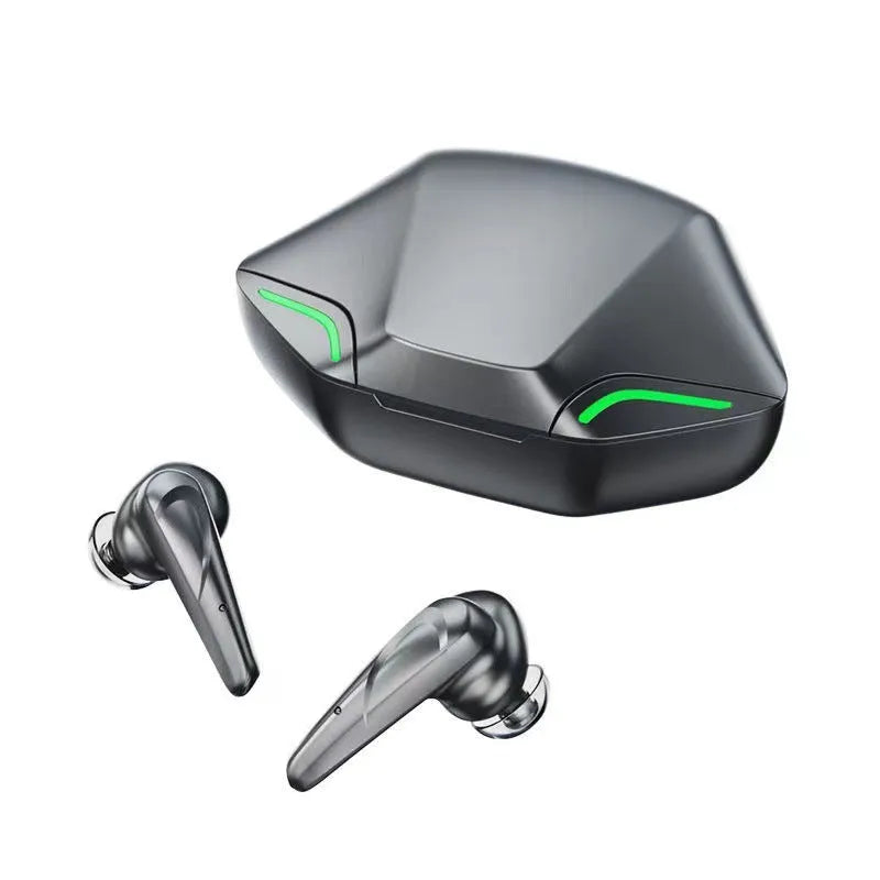 Wireless Bluetooth gaming headset in black with single ear design and charging cabin