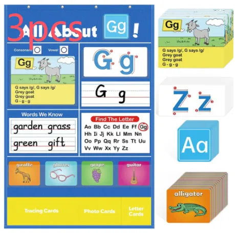 Alphabet learning chart with 156 educational cards arranged on 60x40cm surface
