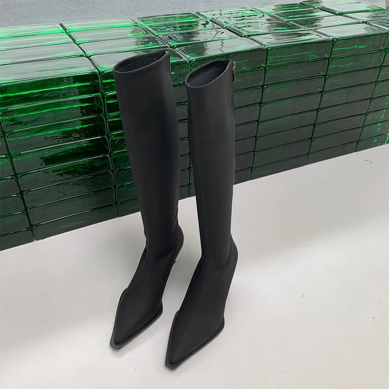 Black pointed toe women's boots with a back zipper and a stiletto heel.