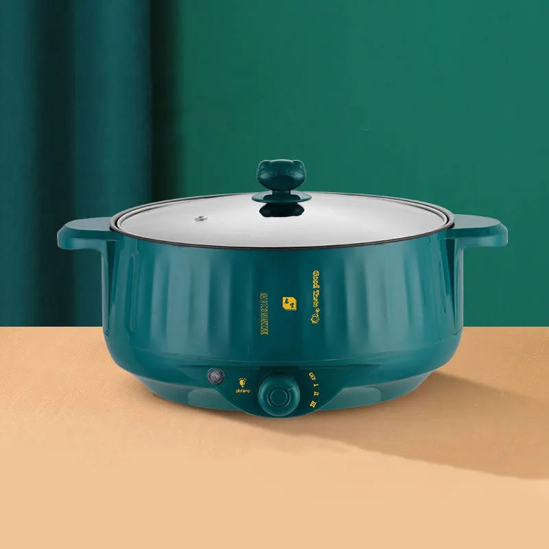 Stainless steel electric hot pot with non-stick interior in green or white finish