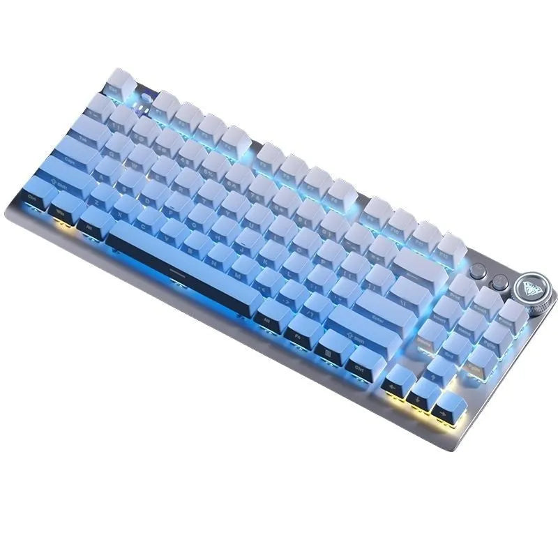 Wireless mechanical keyboard with side-engraved keycaps and metal casing showing triple-mode connectivity options