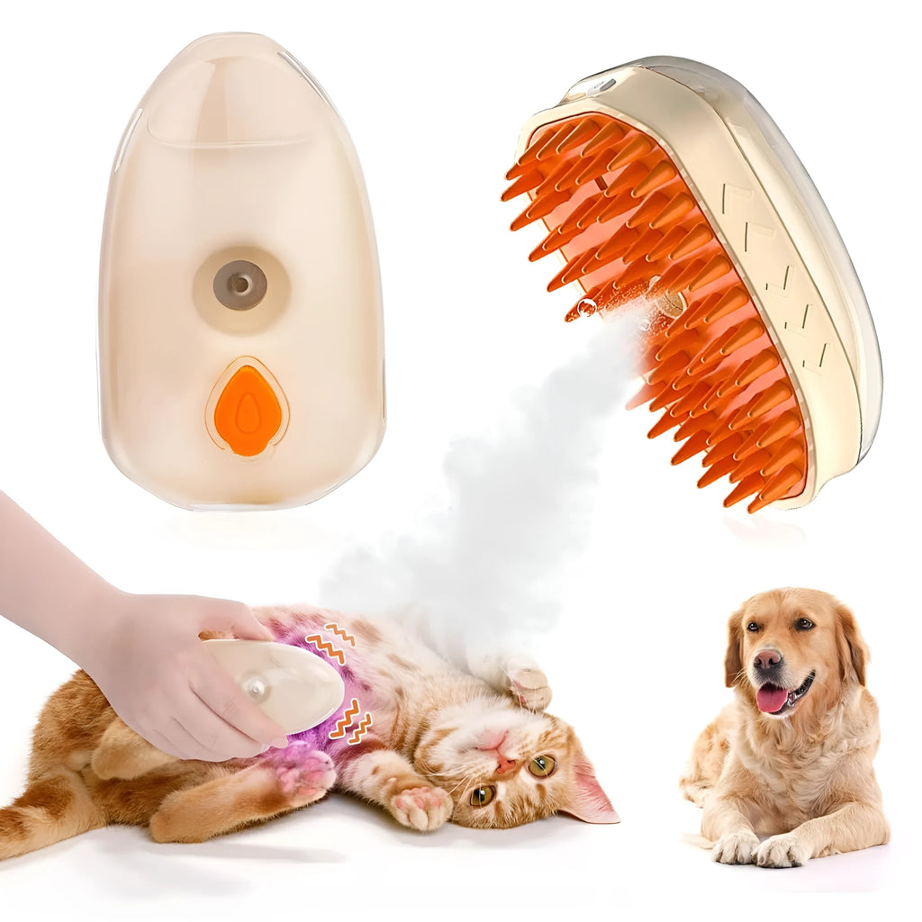 Yellow 4-in-1 cat steam brush with vibration massage and ringworm detector for pet grooming