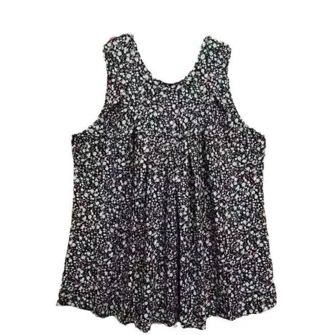 Women's black floral print sleeveless polyester vest, loose fit, plus size.