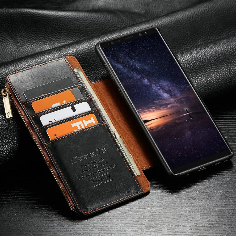 Black PU leather flip phone case open to show Samsung Note9, demonstrating front and back protection.