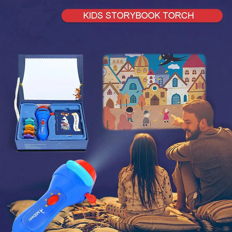 Kids story projector torch with rotating fairy tale discs projecting images onto bedroom wall