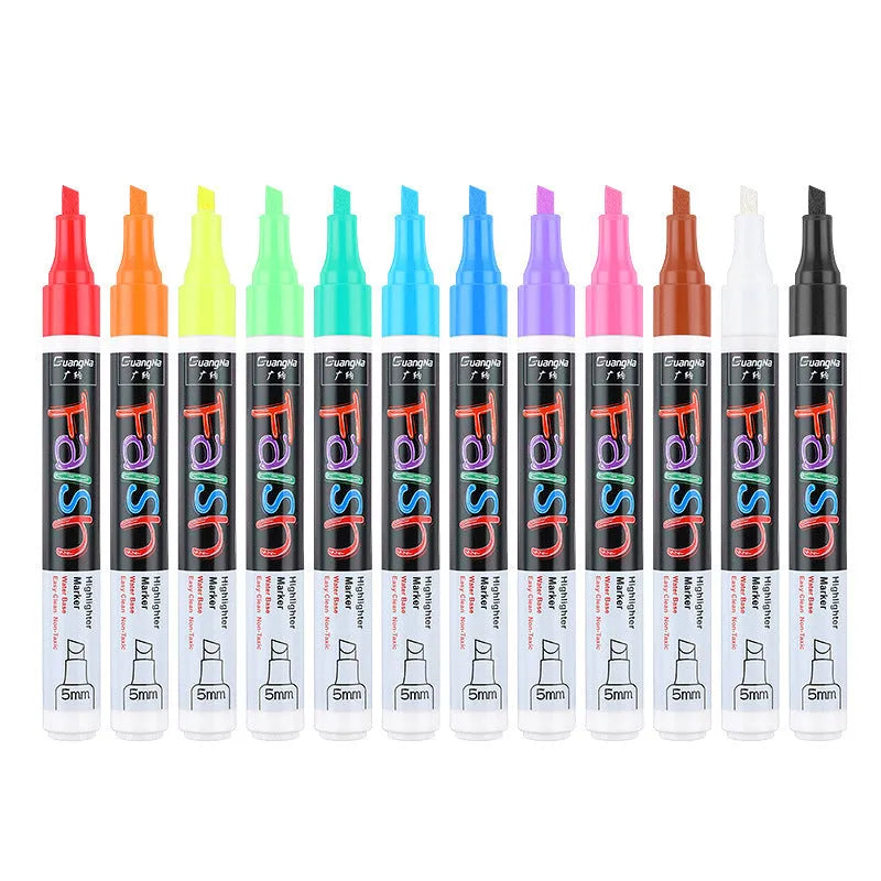 6mm fluorescent board highlighter pen set with oblique shape and pressure valve design